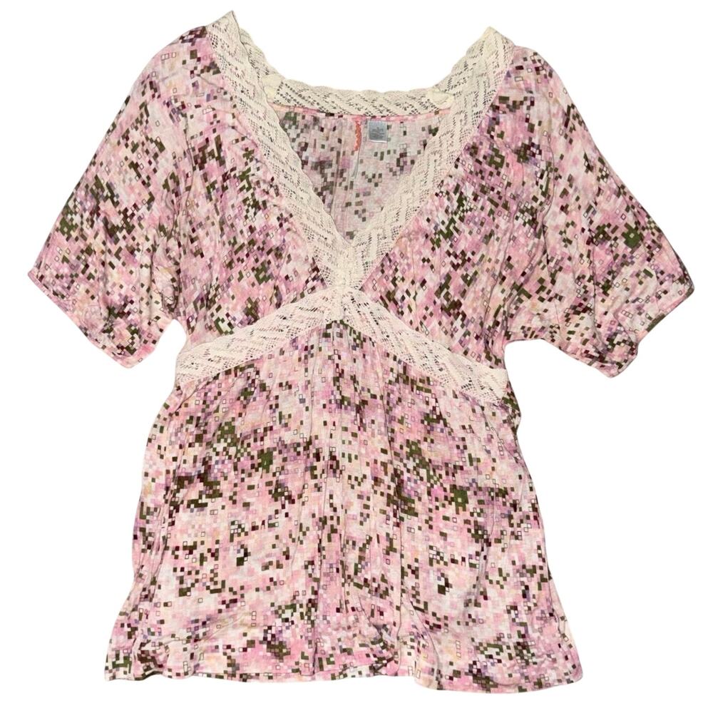Ric Rac Pink Y2K Digital Pixel Print Lace Trim Blouse Size M Vtg Boho Gypsy
